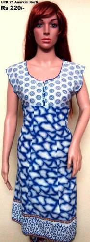 Anarkali Cotton Kurti - Sleeveless, Blue and White Printed | Breathable, Quick Dry, Ideal for Summer and Rainy Seasons, Perfect for Daily and Party Wear
