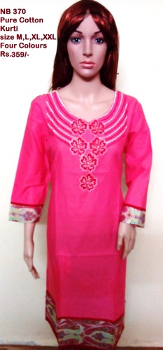 Pure Cotton Kurti - Cotton, Sizes: S, M, L, XL, Color: Pink | 3-4th Sleeve Style, Breathable Material, Printed Pattern for Casual, Daily, and Formal Wear