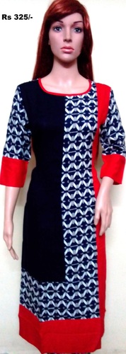 Reyon Kurti - Silk Fabric Customized Sizes S-XL Red and Blue Printed Design with 3/4 Sleeves Breathable Quick Dry Washable | Casual Daily Wear Adorned with Laces
