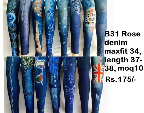 Rose Denim - Denim and Linen Blend Leggings Blue Casual Printed Design | Breathable Comfort for All Seasons Available in M-XXL