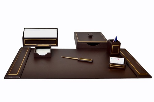 Leather Desk Sets - Brown Leatherette 34x20, 7 Pcs Set With Gold Tooled Line | Elegant Design And Durable Material