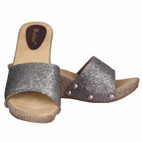 Ladies Metallicgrey Wedge - Wood, Fabric, Cork Sole, Silver | Slip-On, Stylish Design, Comfortable Fit, Durable, Versatile