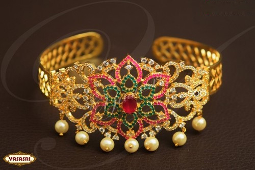 Fancy Baju Bandh - Gold Body Piercing Jewelry, 3.5mm Thickness, Golden Color with Pearl and Quartz Accents | Ideal for Gifts and Parties