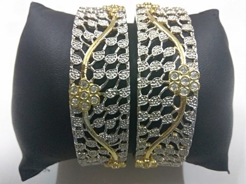 Broad Gold Silver Bangles - Copper Alloy, 160 Grams | Contemporary Style with Zircon Stones, Fashionable Design for Women for Any Occasion
