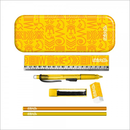 Aztec Pencil Kit Yellow Orange - Metal Case 15cm Ruler HB Pencils | Portable Organized Durable Essential School Supplies