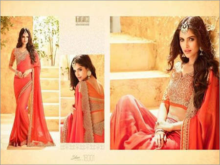 Embroidered Georgette Party Wear Saree - Orange Color, Customizable Blouse Sizes 34 to 46 | Featuring Lace and Full Designer Work
