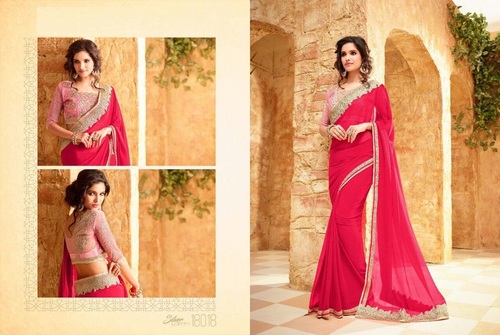 Exclusive Party Wear Saree - Georgette Material, Size 34-46, Rich Magenta Color | Designer Lace Embroidery & Customizable Blouse