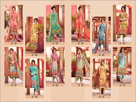 Glace Cotton Print Suits - Cotton Fabric, 12 Pieces, Multicolored, Chiffon Dupatta, Embroidery Work