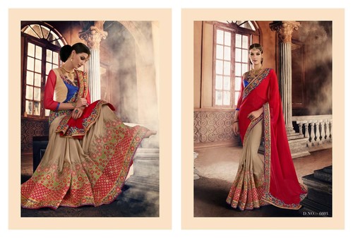 Modern Stylish Saree - Georgette with Dhupiyan Blouse | Multi-Color Embroidered Lahenga Saree with Stone Work for All Seasons