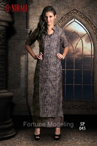 Casual Ladies Kurti - Cotton and Silk Blend, Black Kora Chanderi, Full/Short Sleeves, Printed Design for Summer and Winter