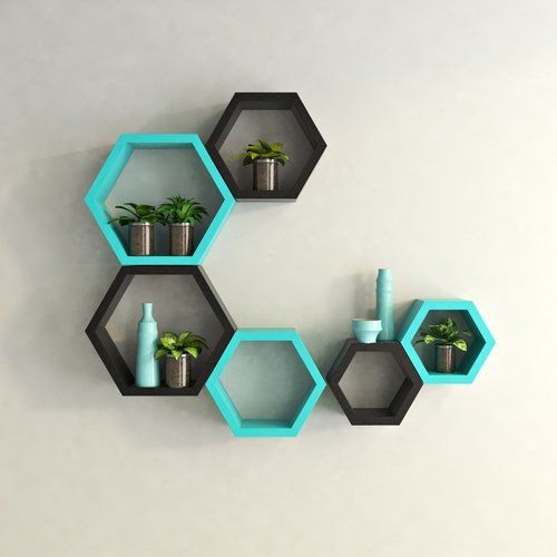 Desi Karigar Wall Mount Shelves Hexagon Shape Set Of 6 Wall Shelves - Black And Sky Blue