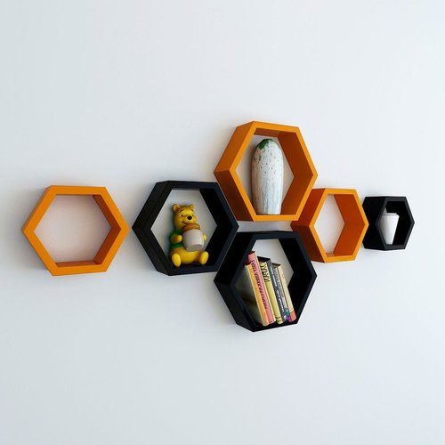 Desi Karigar Wall Mount Shelves Hexagon Shape Set of 6 Wall Shelves - Black And Orange