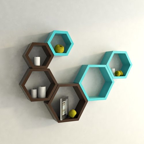 Desi Karigar Wall Mount Shelves Hexagon Shape Set of 6 Wall Shelves - Brown And Sky Blue