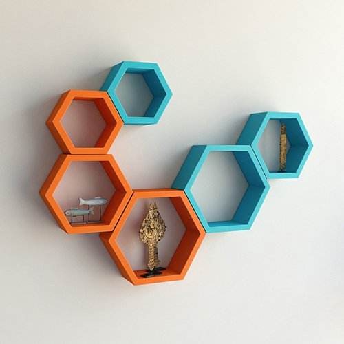 Desi Karigar Wall Mount Shelves Hexagon Shape Set of 6 Wall Shelves - Orange & Sky Blue