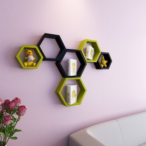 Desi Karigar Wall Mount Shelves Hexagon Shape Set of 6 Wall Shelves - Black And Green