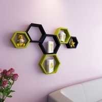 Desi Karigar Wall Mount Shelves Hexagon Shape Set of 6 Wall Shelves - Black & Green