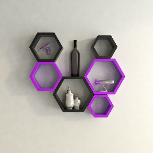 Desi Karigar Wall Mount Shelves Hexagon Shape Set of 6 Wall Shelves - Black And Purple