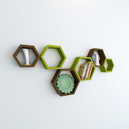 Desi Karigar Wall Mount Shelves Hexagon Shape Set of 6 Wall Shelves Brown And Green
