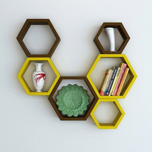 Desi Karigar Wall Mount Shelves Hexagon Shape Set of 6 Wall Shelves Brown And Yellow