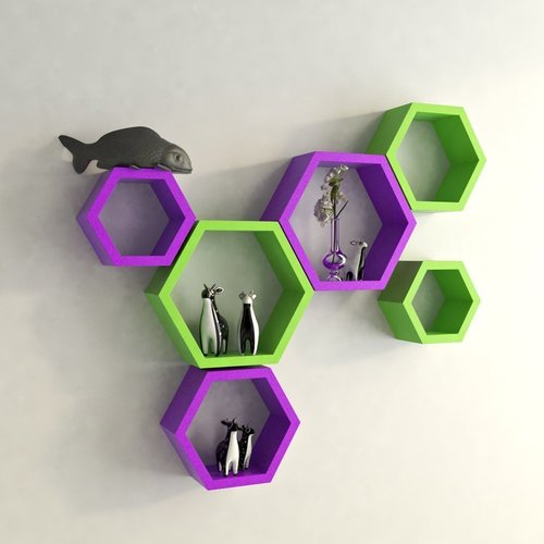 Desi Karigar Wall Mount Shelves Hexagon Shape Set of 6 Wall Shelves - Purple And Green