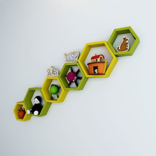 Desi Karigar Wall Mount Shelves Hexagon Shape Set of 6 Wall Shelves - Yellow And Green