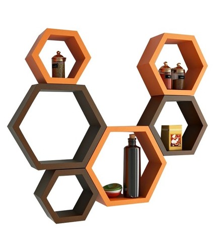 Desi Karigar Wall Mount Shelves Hexagon Shape Set of 6 Wall Shelves -Brown & Orange