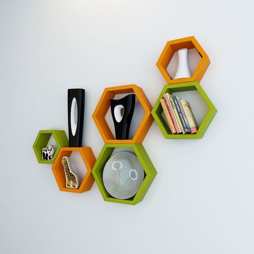 Desi Karigar Wall Mount Shelves Hexagon Shape Set of 6 Wall Shelves Green And Orange