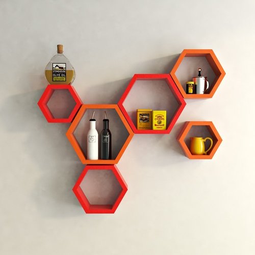 Desi Karigar Wall Mount Shelves Hexagon Shape Set of 6 Wall Shelves Red And Orange