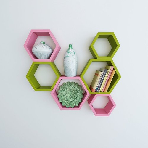 Desi Karigar Wall Mount Shelves Hexagon Shape Set of 6 Wall Shelves - Pink And Green