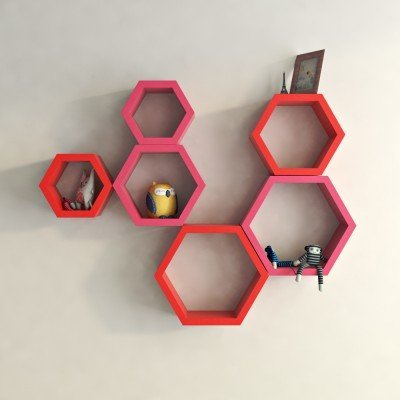 Desi Karigar Wall Mount Shelves Hexagon Shape Set of 6 Wall Shelves - Pink & Red
