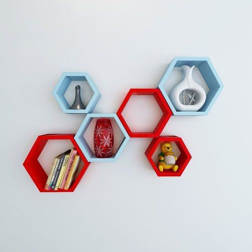 Desi Karigar Wall Mount Shelves Hexagon Shape Set of 6 Wall Shelves Sky Blue And Red