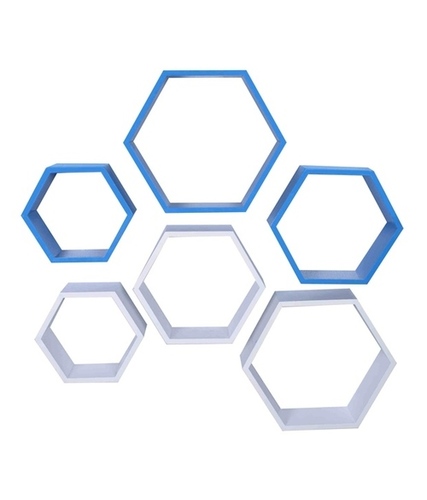 Desi Karigar Wall Mount Shelves Hexagon Shape Set of 6 Wall Shelves - Sky Blue And White