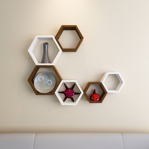 Desi Karigar Wall Mount Shelves Hexagon Shape Set of 6 Wall Shelves - Brown And White