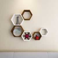 Desi Karigar Wall Mount Shelves Hexagon Shape Set of 6 Wall Shelves - Brown & White