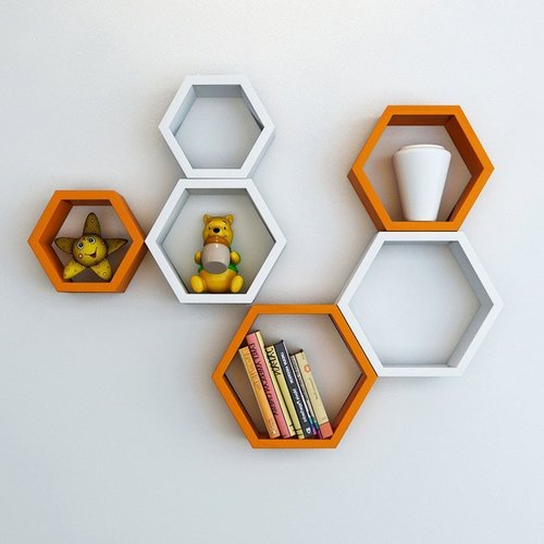 Desi Karigar Wall Mount Shelves Hexagon Shape Set of 6 Wall Shelves - Orange And White