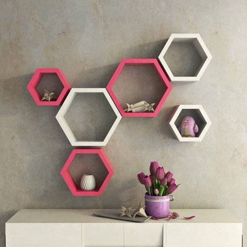 Desi Karigar Wall Mount Shelves Hexagon Shape Set of 6 Wall Shelves - Pink & White