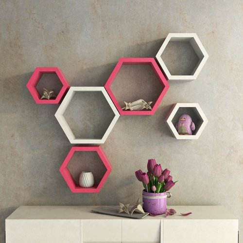 Desi Karigar Wall Mount Shelves Hexagon Shape Set of 6 Wall Shelves - Pink And White