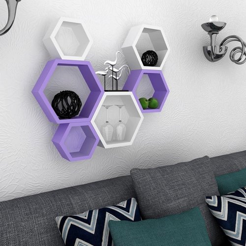 Desi Karigar Wall Mount Shelves Hexagon Shape Set of 6 Wall Shelves - Purple And White