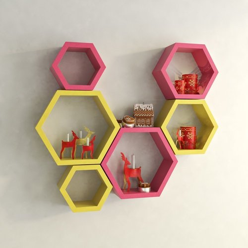 Desi Karigar Wall Mount Shelves Hexagon Shape Set of 6 Wall Shelves Pink And Yellow
