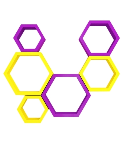 Desi Karigar Wall Mount Shelves Hexagon Shape Set of 6 Wall Shelves Purple And Yellow