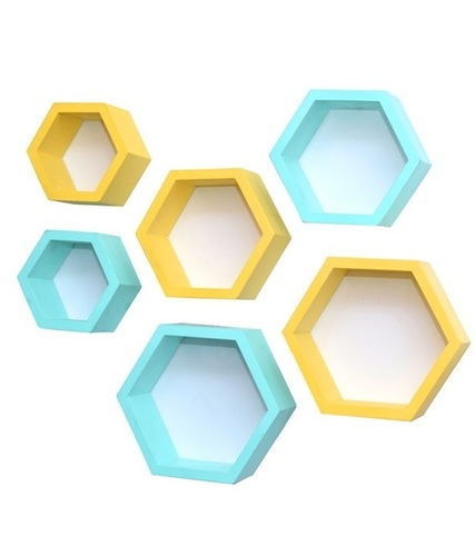 Desi Karigar Wall Mount Shelves Hexagon Shape Set of 6 Wall Shelves - Sky Blue & Yellow