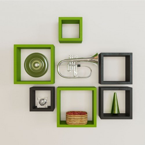 Desi Karigar Wall Mount Shelves Square Shape Set of 6 Wall Shelves - Green And Black