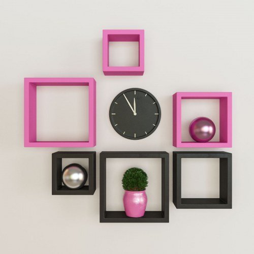 Desi Karigar Wall Mount Shelves Square Shape Set of 6 Wall Shelves - Pink And Black