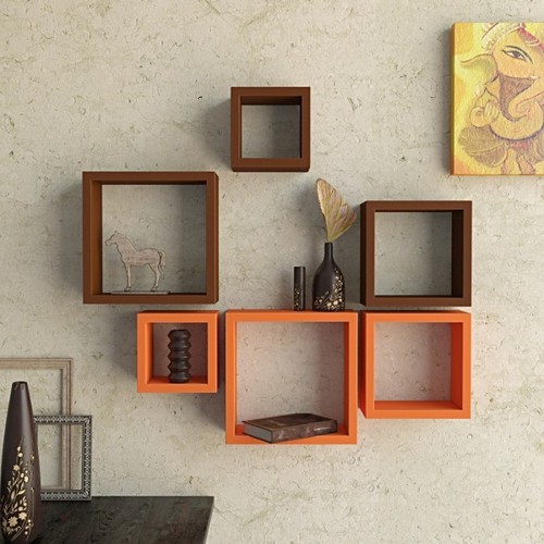 Desi Karigar Wall Mount Shelves Square Shape Set of 6 Wall Shelves Brown And Orange