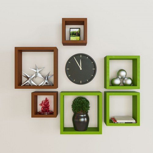 Desi Karigar Wall Mount Shelves Square Shape Set of 6 Wall Shelves - Brown And Green