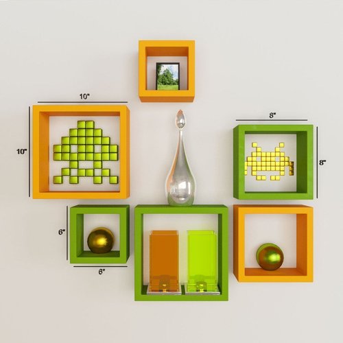 Desi Karigar Wall Mount Shelves Square Shape Set of 6 Wall Shelves - Orange & Green