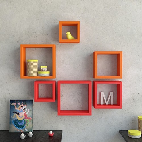 Desi Karigar Wall Mount Shelves Square Shape Set of 6 Wall Shelves - Orange And Red