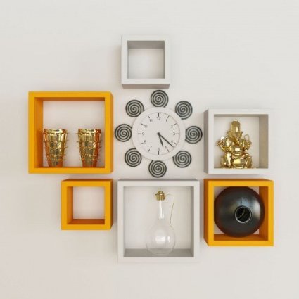 Desi Karigar Wall Mount Shelves Square Shape Set of 6 Wall Shelves Orange And White