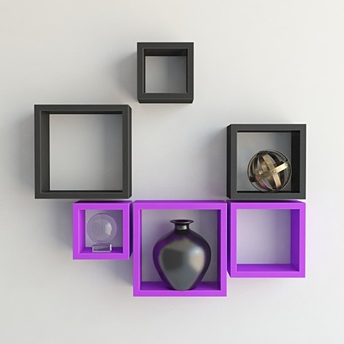 Desi Karigar Wall Mount Shelves Square Shape Set of 6 Wall Shelves - Purple And Black