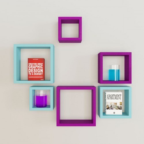 Desi Karigar Wall Mount Shelves Square Shape Set of 6 Wall Shelves - Purple And Sky Blue